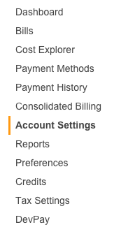 AWS - Billing - Account Settings Menu